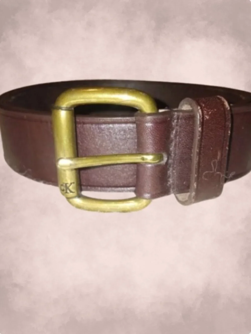 Calvin Klein Brown Leather Belt L Brass Roller Buckle Quiet Luxury Minimalist